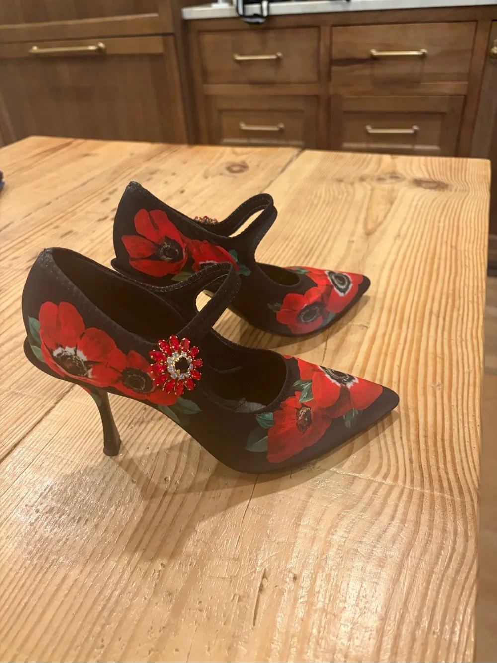 Dolce & Gabbana Black and Red Floral Mary Jane Stiletto Heels with Jewel Accent